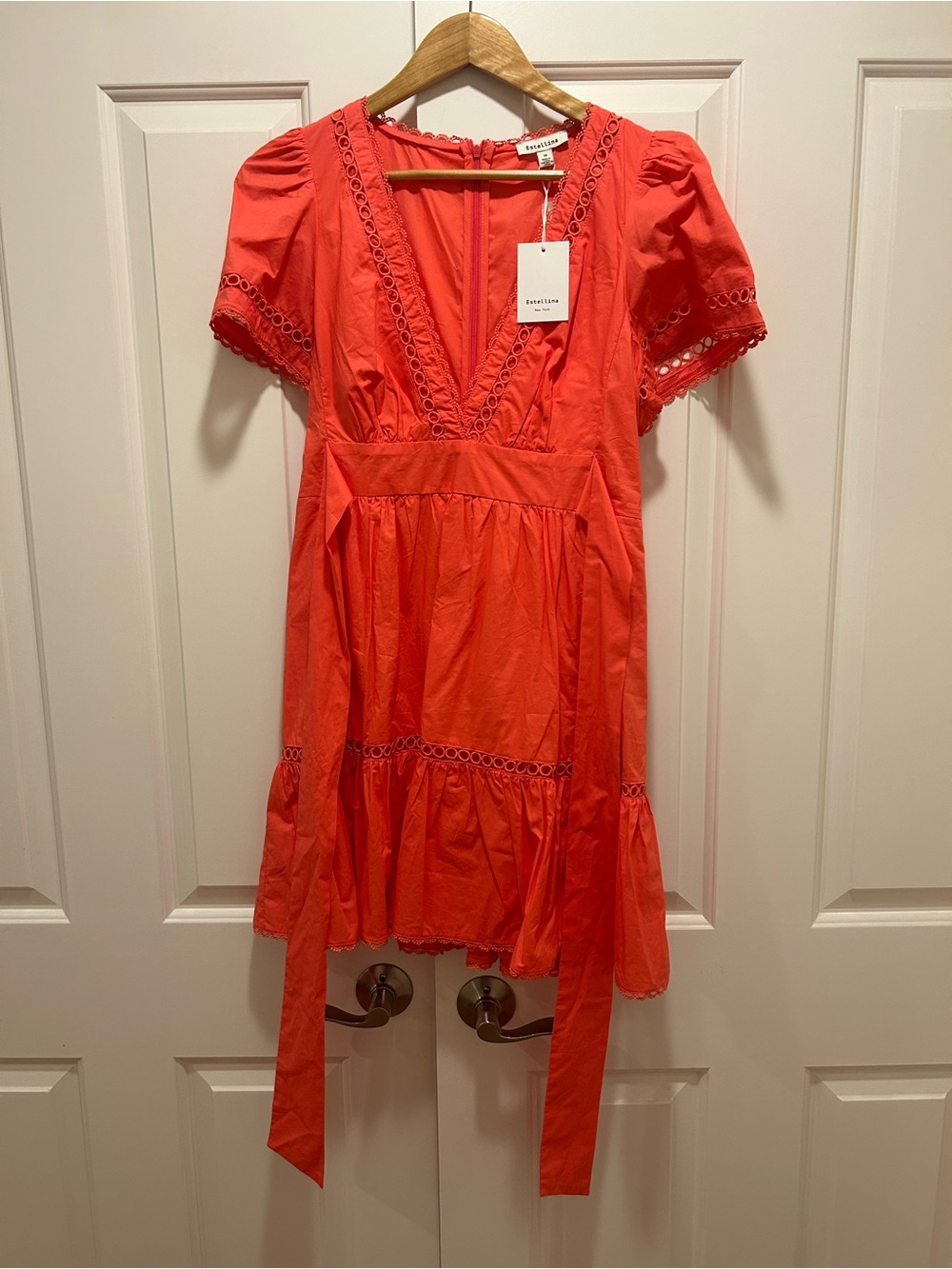 V-Neck Eyelet Trim Mini Dress in Coral